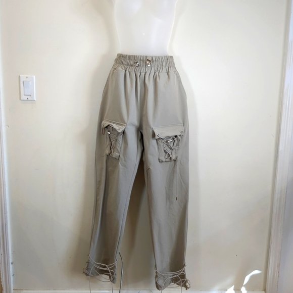 Maniere De Voir parachute corded lace up beige jogger pants, size 10 - Picture 1 of 13
